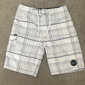 O'Neill White and Gray Plaid Men’s Swim Board Shorts